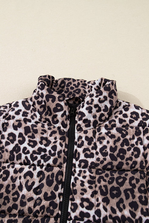 Leopard Quilted Full Zip Stand Collar Puffer Vest